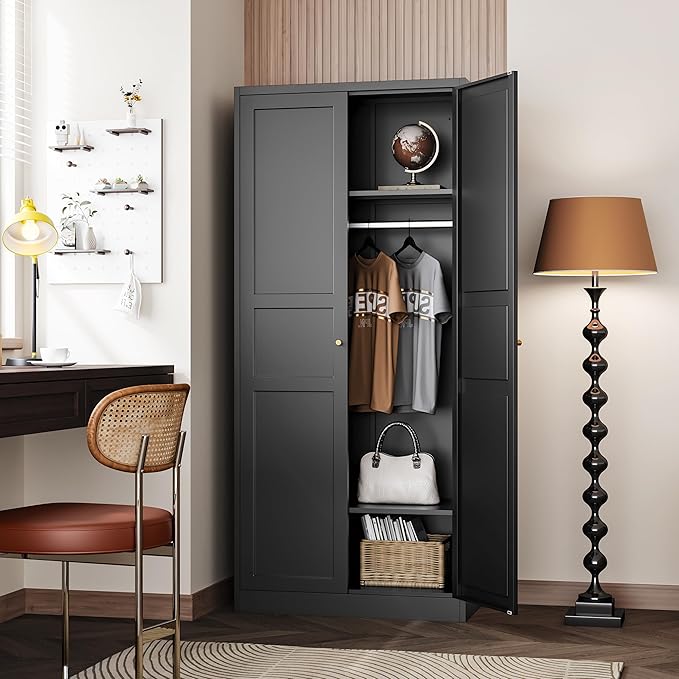 Letaya Wardrobe Armoire Closet,72" H Metal Storage Cabinet with Adjustable Shelves and Hanging Rod,Bedroom Armoire Cabinet Clothes Organizer (Black)
