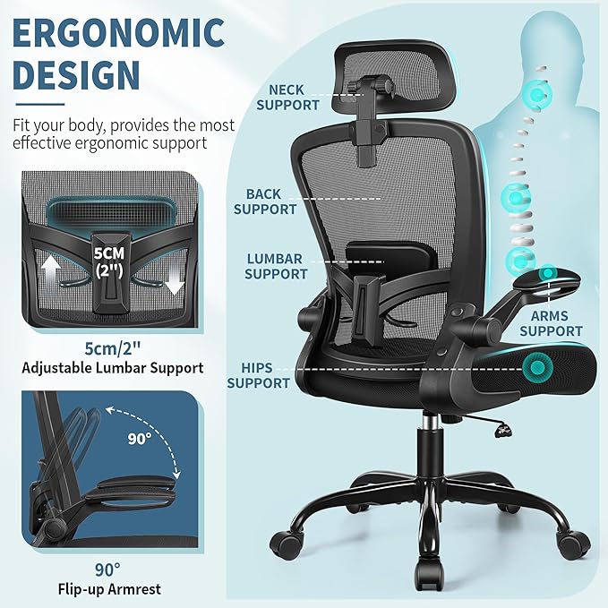 FelixKing Ergonomic Office Chair, Headrest Desk Chair with Adjustable Lumbar Support, Home Office Swivel Task Chair with High Back and Armrest, Adjustable Height Gaming Chair(Black)