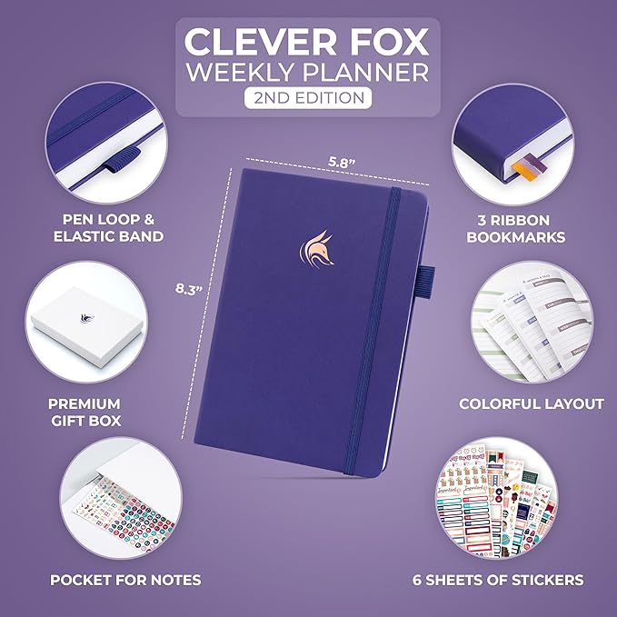 Clever Fox Planner 2nd Edition – Colorful Weekly & Monthly Goal Planner, Time Management & Productivity Organizer, Undated, A5 (Purple)