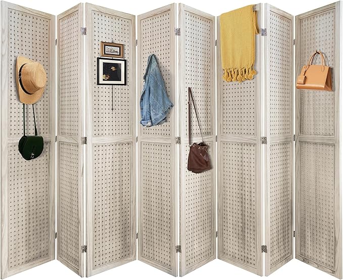 NicBex Room Divider 8 Panel Pegboard Display 5.6FT Wood PegBoard Room Dividers, Folding Privacy Screens Portable Display Board Wall Divider for Craft/Art Shows, Room Separation, Natural Wood