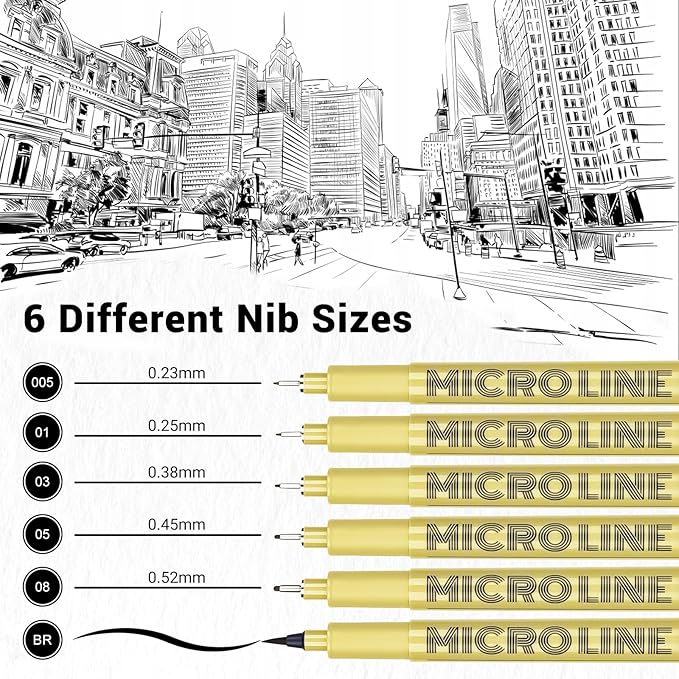 KERIFI Fineliner Ink Pens, Black Micro Fine Point Drawing Pens Waterproof Archival Ink Multiliner Pens for Artist Illustration, Sketching, Technical Drawing, Zentangle, Scrapbooking (6 Assorted Nib)