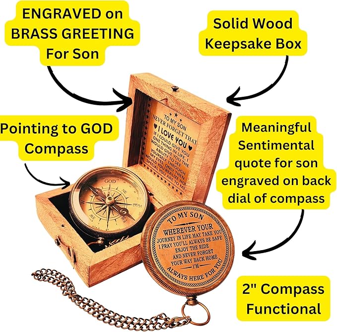 Gift for Son from Mom Dad | Engraved Compass 2" - Father to Son Gifts, Mom to Son Gifts for Graduation 2025, Birthday Baptism Confirmation Communion