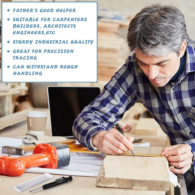 Colarr 10 Pcs Mechanical Carpenter Pencil with 60 Refill Deep Hole Mechanical Pencil Marker with Sharpener Black Solid for Carpentry Architect Birthday Thanksgiving Gift