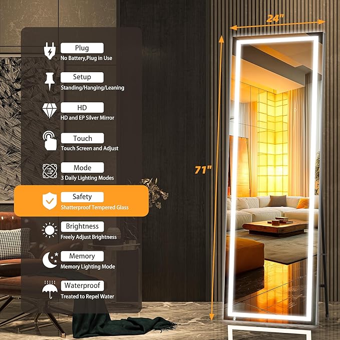 Hasipu Full Length Mirror with Lights, 71" x 24" LED Lighted Floor Standing, Full Body Dressing Hanging Mounted Mirror, Dimmable, Tempered Glass, Safe to Use, Square Black