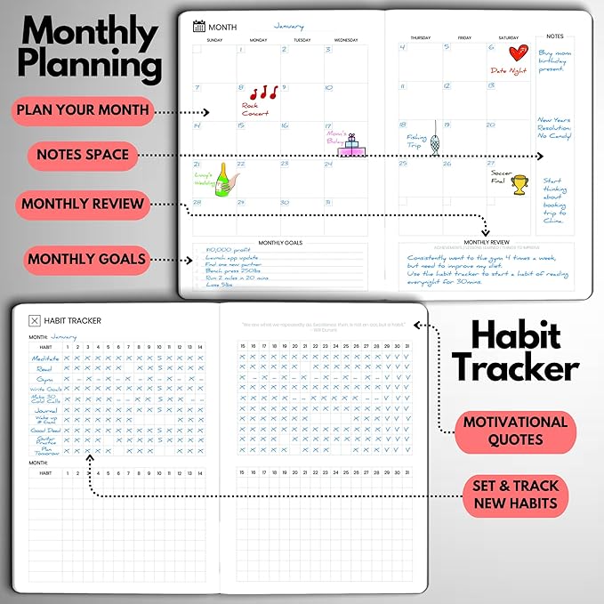 Undated Daily Planner – 6-Month A5 Productivity Organizer with Full Page Per Day, Hourly Schedule, Goal Setting, Habit Tracker, Weekly & Monthly Pages – Hardcover Time Management Notebook (Red)