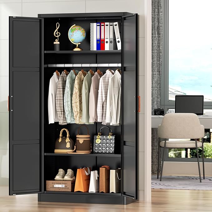 Greenvelly Metal Wardrobe Cabinet, 72" Black Armoire Metal Wardrobe Closet for Hanging Clothes with Wooden Handle, Modern Clothes Cabinet for Home, Office,Bedroom, School,Gym