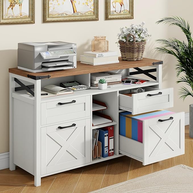Farmhouse Filing Cabinet with Adjustable Shelf for Home Office, Lateral File Cabinets 4 Drawers with Open Storage Shelf, Filing Organization Storage Cabinets for Hanging Files Letter/Legal/F4/A4.