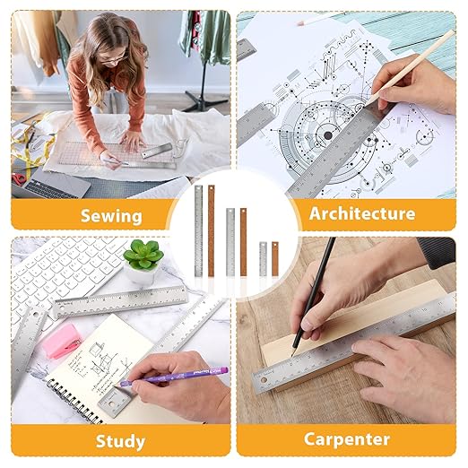 5Pcs Cork Backed Ruler Stainless Steel Ruler, 6/8/12/14/16 Inch Metal Ruler,Straight Edge Ruler Non-Slip Metal Rulers with Inch and Centimeters for Drawing Engineering(6 + 8 + 12 + 14 + 16 Inch)