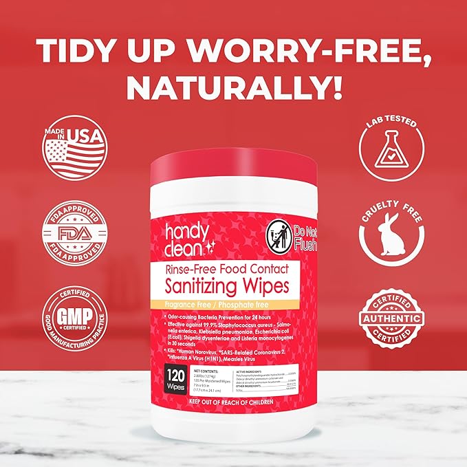 HandyClean Rinse-Free Food Contact Sanitizing Wipes Canister, Multi Surface Cleaning Supplies for Kitchen and Professional Setting One Canister (120 Wipes)