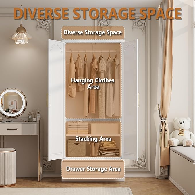 Metal Wardrobe Closet with Drawer, 71" Tall Armoire Wardrobe Closet with Hanging Rod, Freestanding Clothing Storage Cabinet with Doors, Large Wardrobes for Bedroom, White, Assembly Required
