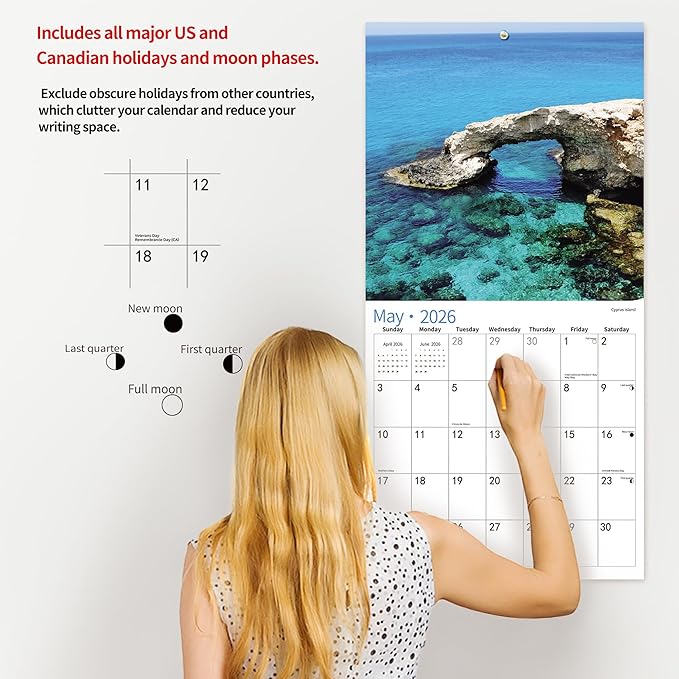 2025 Wall Calendar,Calendar 2026, July 2025 - December 2026, Wall Calendar Beaches, 12" x 24" Opened,Full Page Months Thick & Sturdy Paper for Calendar Organizing & Planning