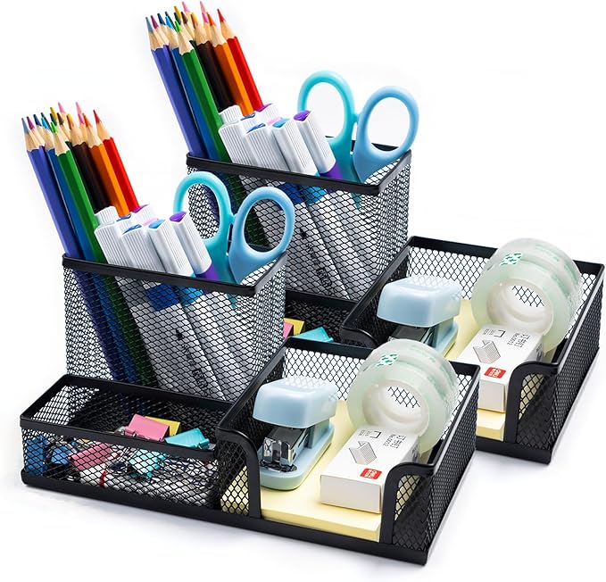 2 Pieces Pen Holder Mesh Metal Pencil Holder Desk Organizers Black for Desk Office with 3 Compartments Pencil Holders,Desktop Storage Caddy Organization,Suitable for School, Home,Black