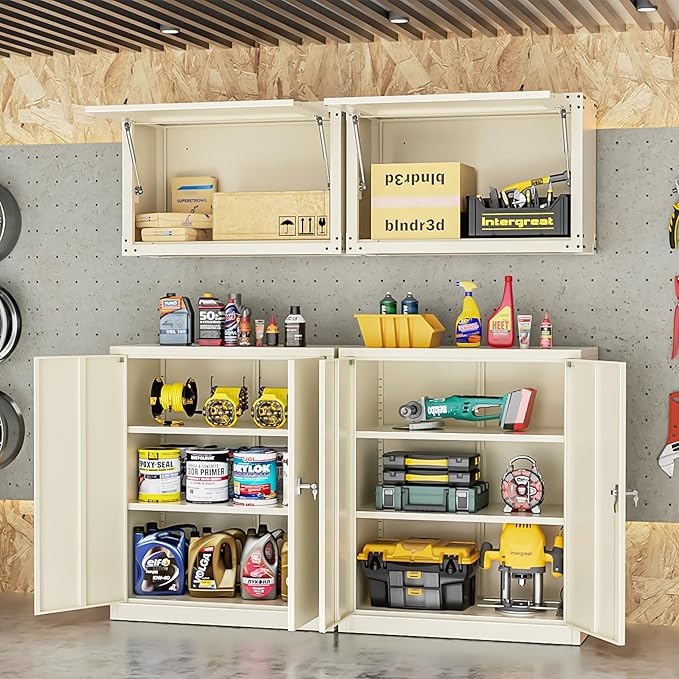 INTERGREAT Metal Cabinet with Lock, Lockable Metal Storage Cabinets with Doors and Shelves for Garage, Cream Grey Locking Garage Storage Cabinets 36"×32"×16"