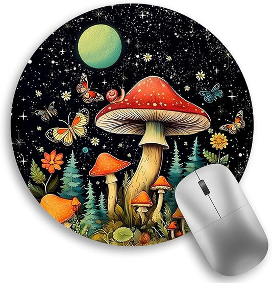 Mushroom Mouse Pad, Round Mouse Pads for Desk, Small Mini Travel Mousepad with Non-Slip Rubber Base for Work Wireless Computer Laptop, Cute Office Desk Accessories, 8.6 x 8.6 inch
