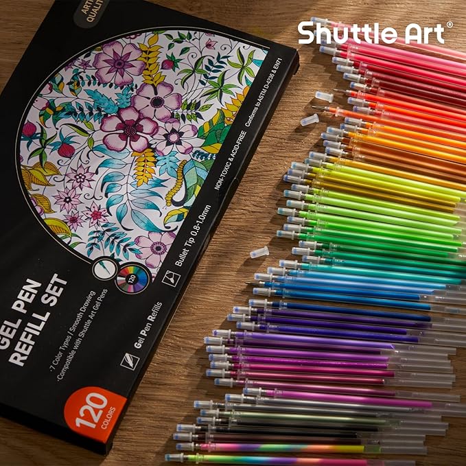 Gel Pen Refills, Shuttle Art 120 Colors (No Duplicates) Gel Pen Refills, 7 Color Types for Kids Adults Coloring Books Drawing Doodling Crafts Scrapbooking Journaling