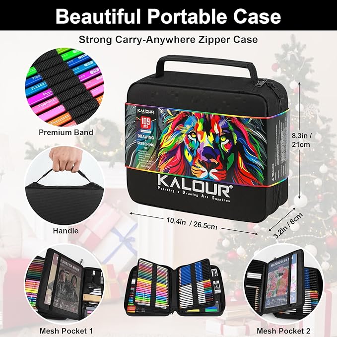 109 Drawing Set Sketching Kit, Pro Art Supplies with Fluorescent, Colored, Watercolor, Metallic, Graphite, Charcoal Pencils, 5 Sketchbook and Coloring Book, Gift for Artists Adults Teens Beginner