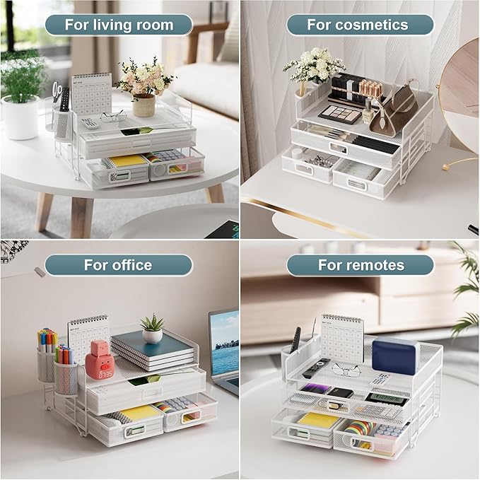 Marbrasse 3 Tier Mesh Desk Organizer with Drawer, Multi-Functional Desk Organizers and Accessories, Paper Letter Organizer with 2 Pen Holder for Home Office Supplies - White