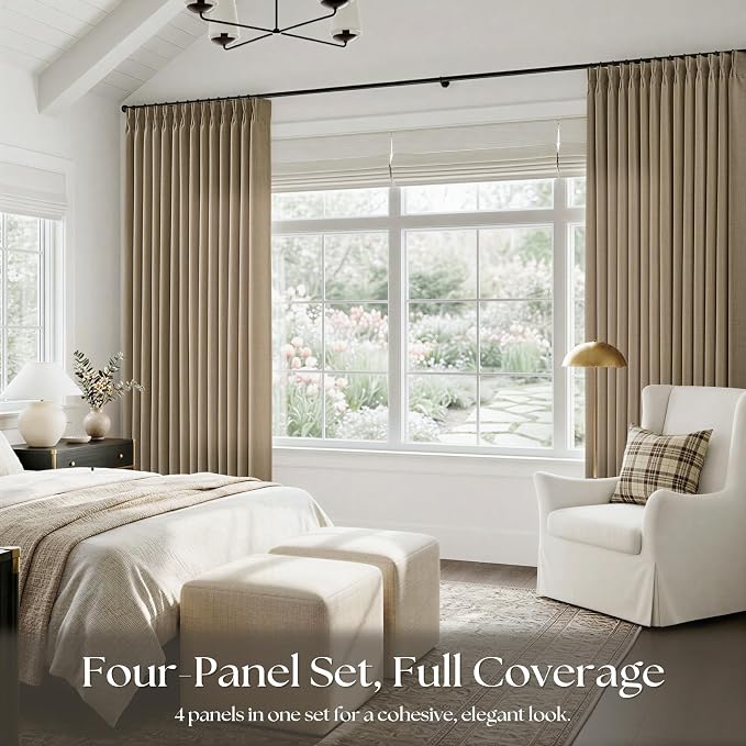 Pleated Light Brown Semi Sheer Sliding Door Curtains 105 Inches Long 4 Panels - Image 6
