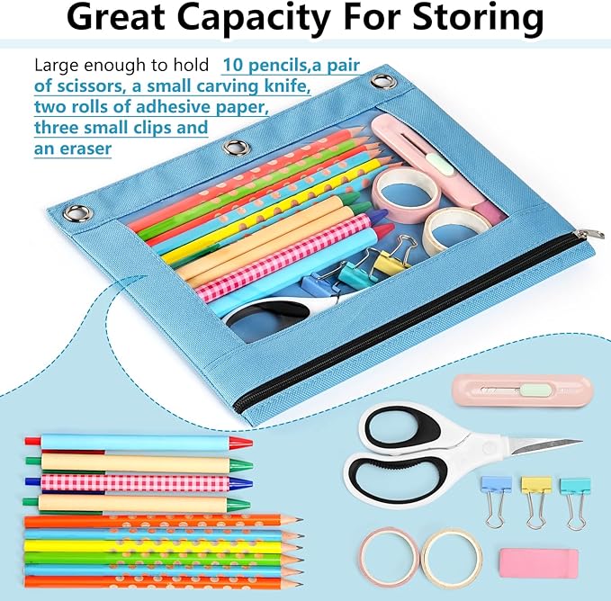 Forvencer 12 Pack Pencil Pouches for 3 Ring Binder, Smooth Zipper 3 Ring Binder Pencil Pouch, Multi-Color Pencil Case for Binder, Clear Top Binder Pencil Pouch, Pencil Bag with 3 Re-enforced Grommets