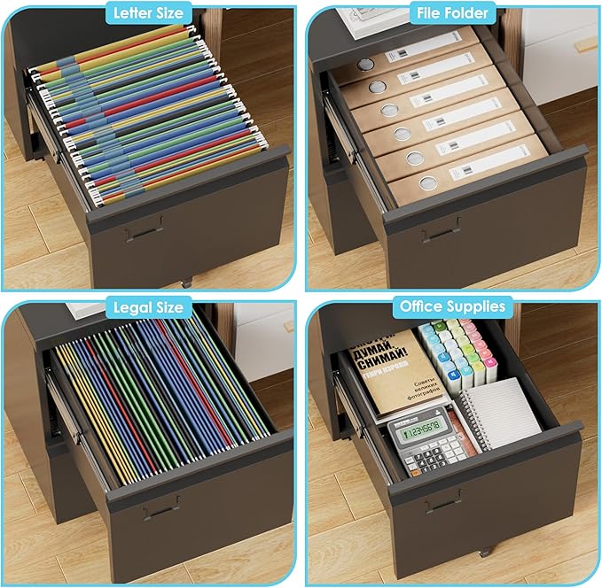 Aobabo 2 Drawer File Cabinet, Lockable Metal Filing Cabinet with Wheels for Home Office, Legal/Letter Size, Required Assembled,Black