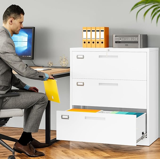 SISESOL 3 Drawer Lateral File Cabinet with Lock,White Lateral Filing Cabinet,Horizontal Metal Filing Cabinets,Locked Wide Three Drawer File Cabinets for Office Home,Fit A4/F4/Letter/Legal File
