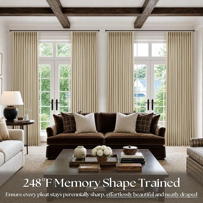 Pleated Tan Oatmeal Semi Sheer Sliding Door Curtains 105 Inches Long 4 Panels - Image 7