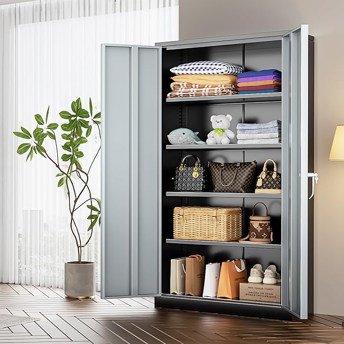 INTERGREAT Metal Storage Cabinet with Doors and Shelves,72" H Black Gray Steel Tool Locking Cabinet, Metal Storage Cabinet for Home Office, Warehouse, School