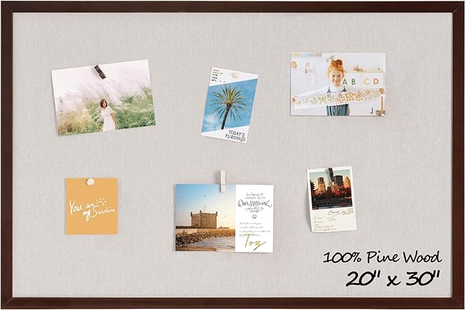 Fun Memories Cork Board Bulletin Board for Office, 20" x 30" Pine Wooden Framed Corkboard, Wall Mounted Notice Pin Board for School Home & Office, Dark Walnut