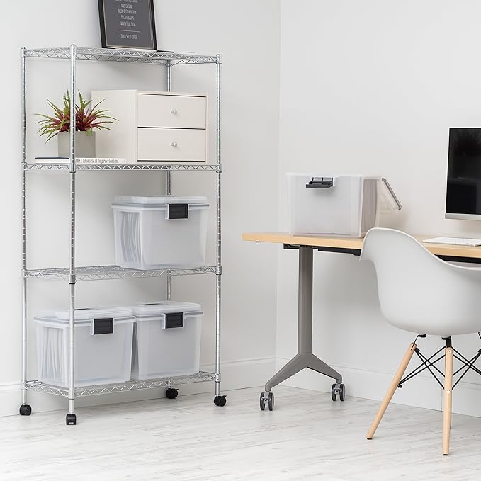 IRIS USA File Box WeatherPro Portable File Organizer Plastic File Box for Letter File w/ Organizer-Lid, Durable Lid and Gasket Seal, Secure Latching Buckles, Stackable, Lockable, Clear 19 Qt. 4 Pack