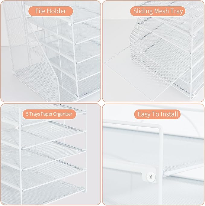 Desk Organizers and Accessories, 5-Tier Paper Letter Tray Organizer with File Holder, Desktop Organizer for Office Supplies, Office Desk Accessories & Workspace (White)
