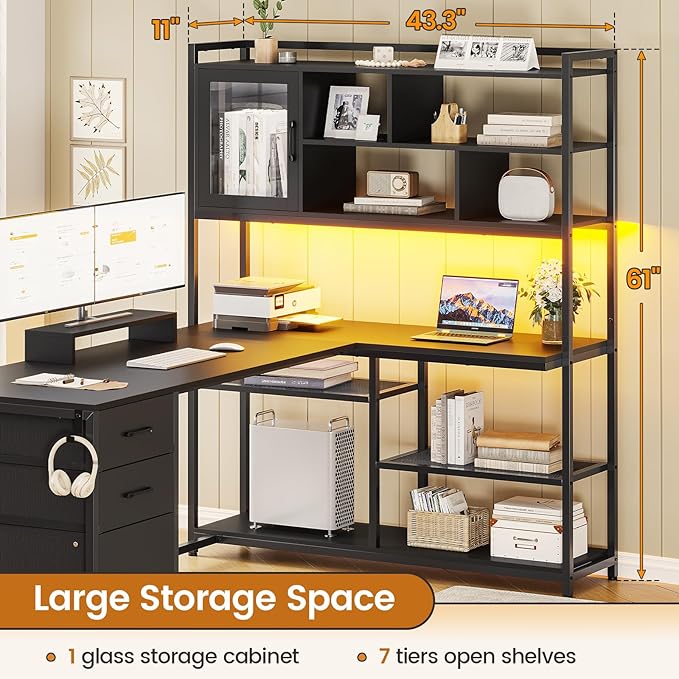 SEDETA L Shaped Computer Desk, 58'' Office Desk with 3 Drawers and Bookshelf, L Shaped Corner Desk with Storage Shelves and LED Light for Home Office, Gaming Desk, L Desk, Black