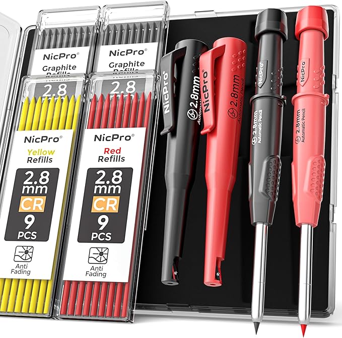 Nicpro CP3000 Carpenter Pencil with Sharpener, 2 Pack Mechanical Pencils Set with 38 Refills, Deep Hole Marker for Construction, Heavy Duty Carpenter Tools for Architect Marking (Black, Red)