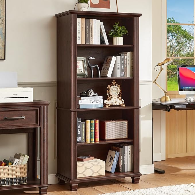 70" Tall Walnut Bookshelf,5 Tier Wooden Book Shelf with Adjustable Shelves & Wood Legs,Free Standing Farmhouse Bookcase with Open Display Storage,Vintage Bookshelves for Classroom, 3PCS