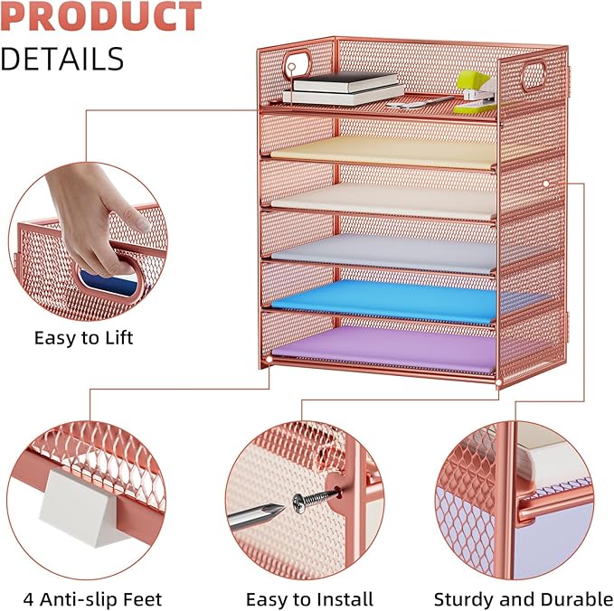 Marbrasse 2 Pack Desk Organizer with Handle, 6 Tier Paper Letter Tray, Mesh Desk File Organizer for Office, School and Home - Rose Gold