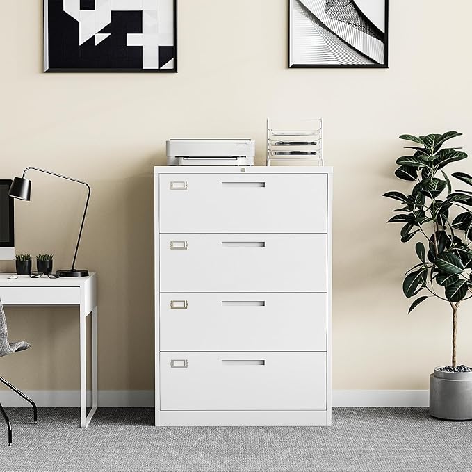 Lateral Filing Cabinet,4 Drawer File Cabinet with Lock,Office Lateral File Cabinets for Legal/Letter A4 Size,Require Assembly, White