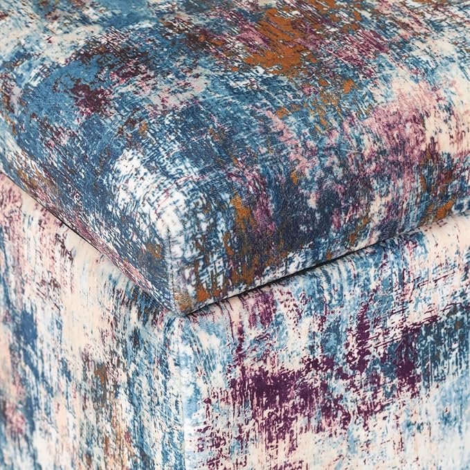 Adeco 18 Inch High Cube Ottoman Storage, Linen Chair Foot Stools, Upholstered Vanity Stool with Hinged Lid, Solid Wood Legs