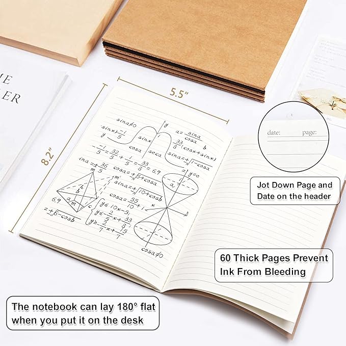 feela 8 Pack A5 Kraft Notebooks, 60 Lined Blank Pages Travel Journal Bulk, Soft Cover Notebooks for Women Girls Students, Making Plans Writing Memos Office School Supplies, 8.3 X 5.5 in