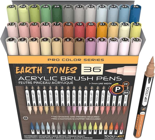 36 Flexible Brush Tip Earth Tones Acrylic Paint Pens Markers Set 1-7mm Line for Rock Painting, Brush Lettering, Glass, Mugs, Wood, Metal, Canvas, Fabric, Plastic. Non Toxic Waterbased Quick Drying
