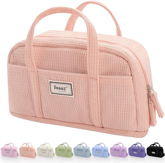 Sooez Large Pencil Case Pouch, Extra Big Pencil Bag with 5 Compartments, Pen Bag Wide Opening, Soft Waffle Pencil Pouch Organizer with Zipper, Cute Aesthetic School Supplies for Teen Girls-Coral