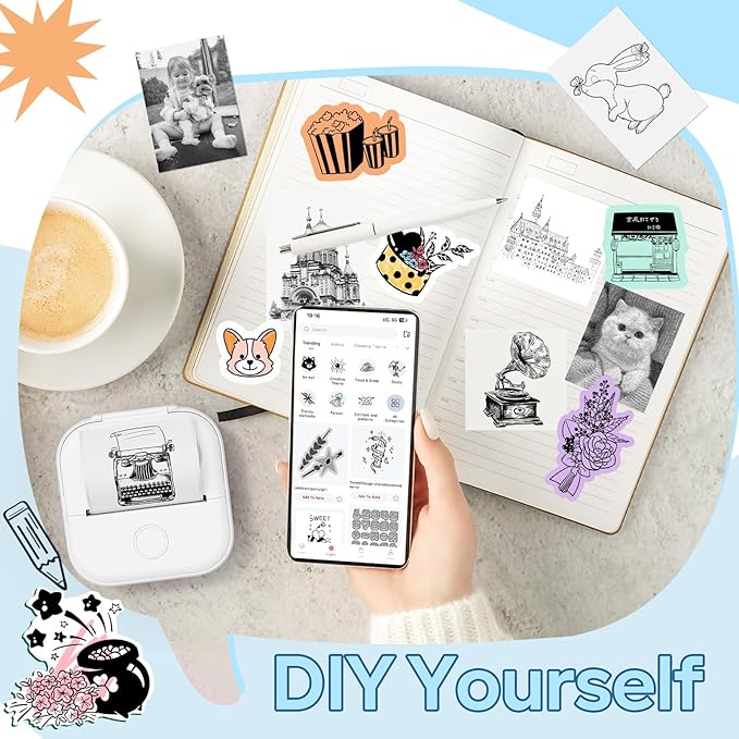 Print Pods Mini Printer, Sticker Maker Machine Y02C, Mini Portable Printer with 1 Roll Paper, Bluetooth Inkless Receipt for Phone, Thermal Portable Maker for Journal, Note, Photos, Learning