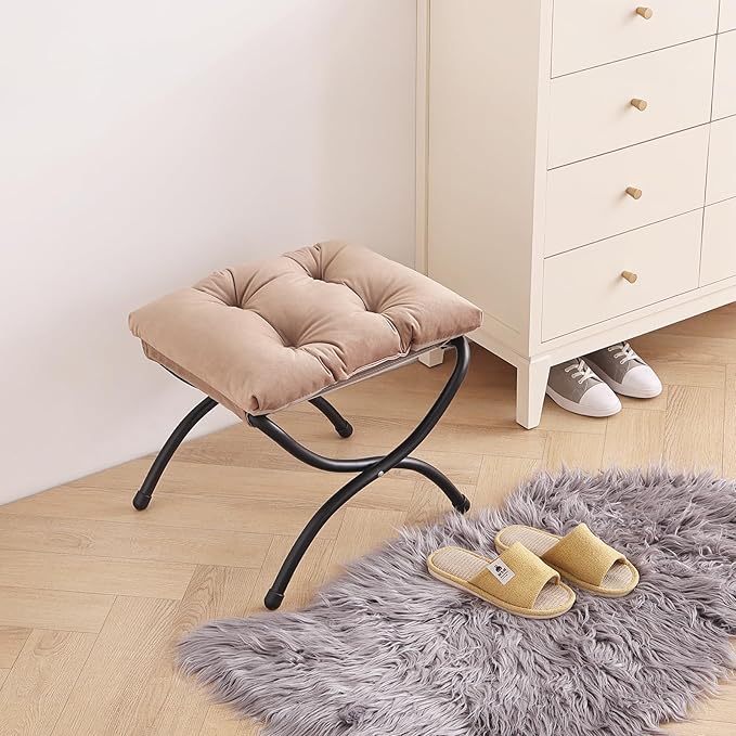 LITA Folding Upholstered Footrest Stool, Modern Small Portable Accent Ottoman with Detachable Thick Cotton Cushion Padded Sofa Stool with Metal Frame for Lazy Chair, Living Room & Bedroom, Khaki