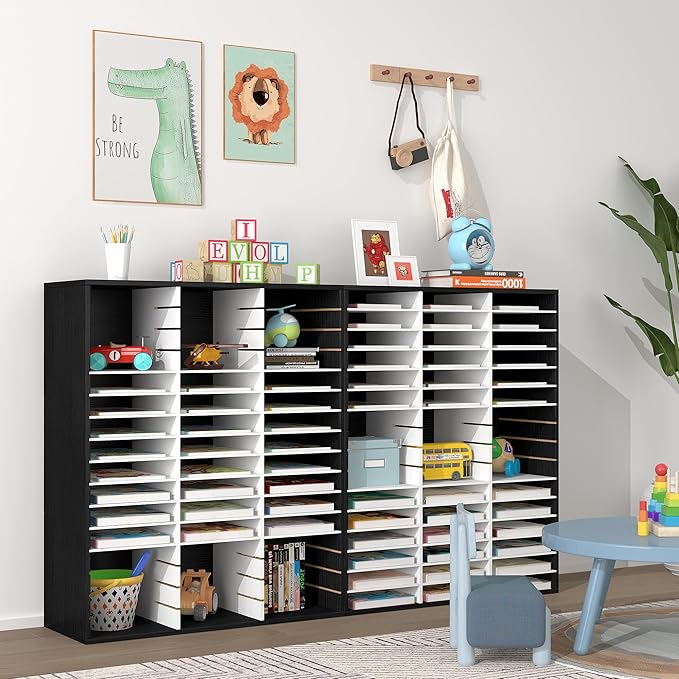 EasyPAG Mail Organizer Countertop, Wood Literature Organizer with Adjustable Shelves, Student Classroom Mailbox for School, Desktop Paper Sorter for Office Home, 48 Compartments, Black/White