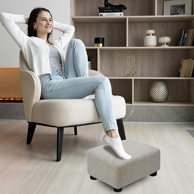 CAROLMADE Small Foot Stool Ottoman Footstool with Legs Under Desk Footrest for Living Room Bedroom and Office,Linen-Beige