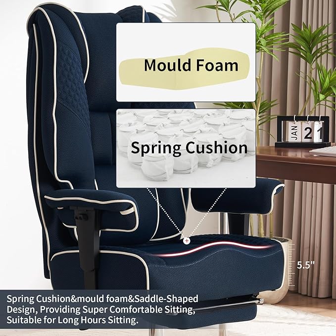 Big and Tall Office Chair 400lbs Wide Seat, Leather High Back Executive Office Chair with Foot Rest, Ergonomic Chairs Lumbar Support for Lower Back Pain Relief (Mesh Dark Blue)