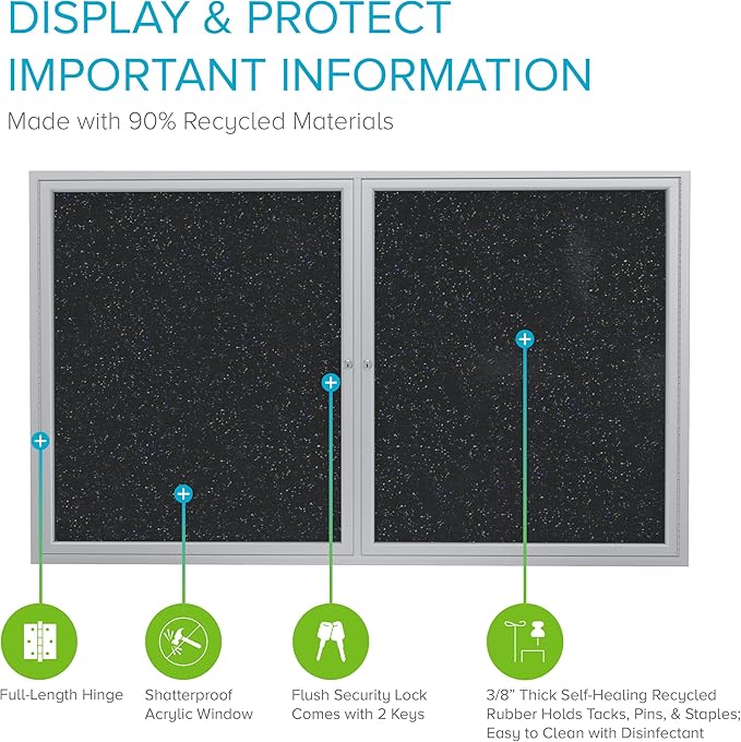 Ghent 36" x 48" 2-Door indoor Enclosed Recycled Rubber Bulletin Board, Shatter Resistant, with Lock, Satin Aluminum Frame, Confetti (PA234TR-CF) ,Made in the USA