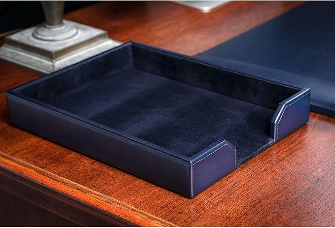 Dacasso Navy Blue Bonded Leather Luxury Letter Tray Holder & Paper Organizer for Desk - Executive Desk Decor & Office Organization Essential