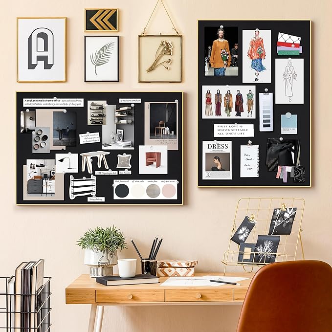 Bulletin Board 30 x 20 inches, Black Pin Board, Golden Aluminum Framed Fabric Cork Board with 10 Push Pins