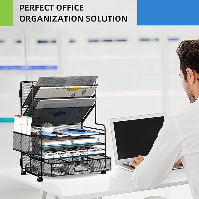 4-Tier Paper Organizer + 3-Pocket File Holder + Drawer + Pen Holders, Desktop File Organizers Paper Tray for Office Accessories School Classroom Organization (Black)