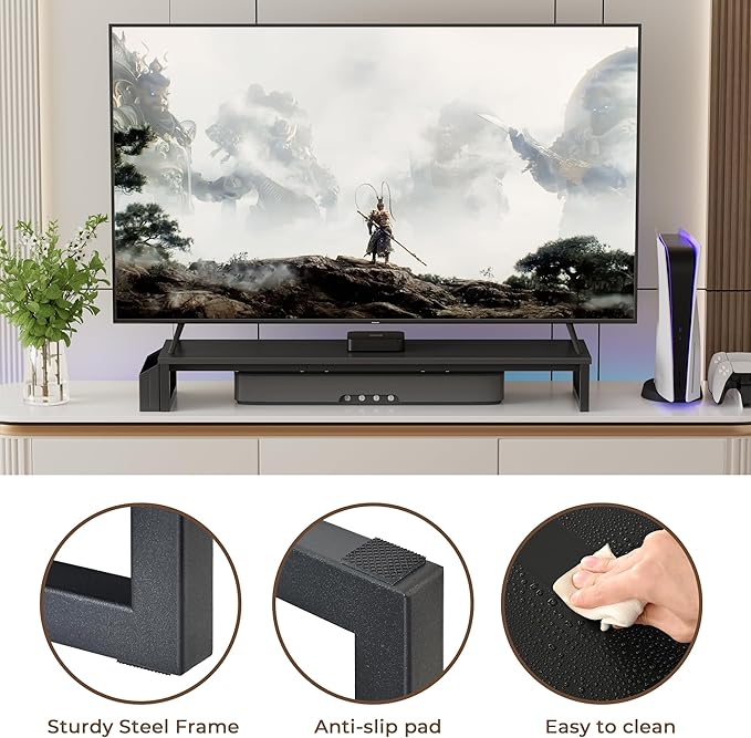 LAND·VOI Dual Monitor Stand Riser,41.5'' Long Monitor Stand for 2 Monitors, Wood and Steel Computer Monitor Stand, Desktop Oraganizer with Pen Holder, Monitor Riser for Desk Computer,Laptop,TV, Black