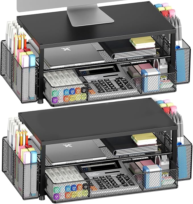 Desk Organizer and Accessories, 2-Tier Computer Monitor Stand Riser with Drawer and 2 Pen Holders, Laptop Stand, Office Desk Accessories for Office Supplies, Black 2-Pack